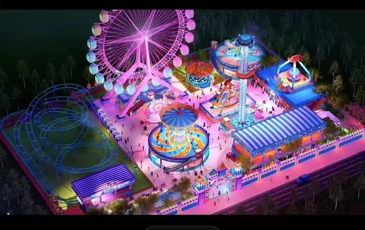 Colorful carnival with rides and games