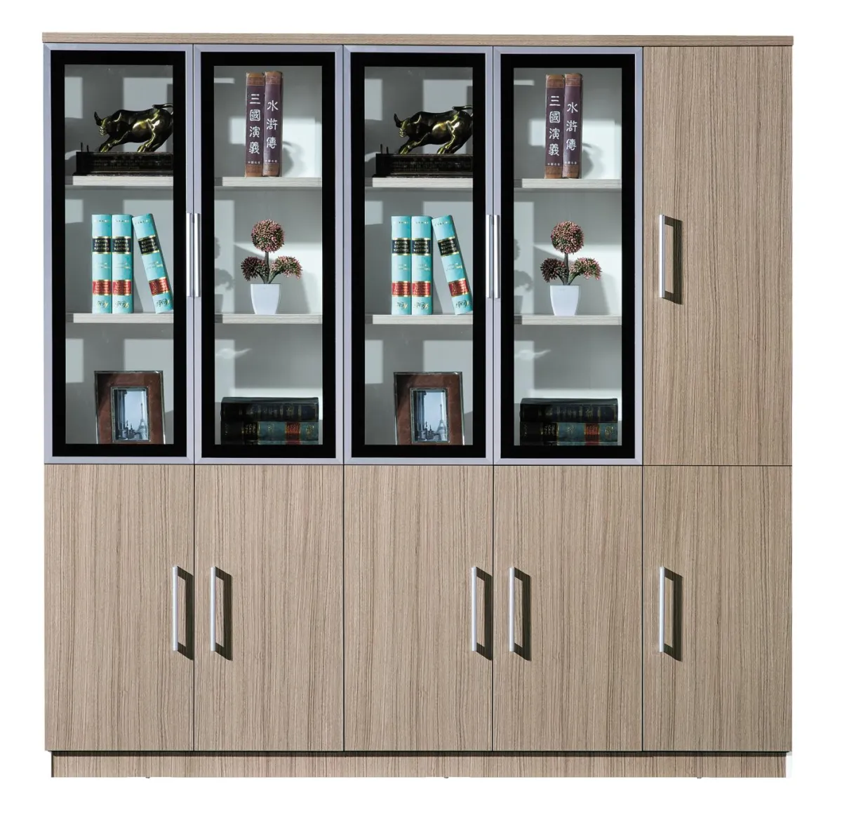 Wooden Cabinet with Transparent Doors and Shelves for Home Office