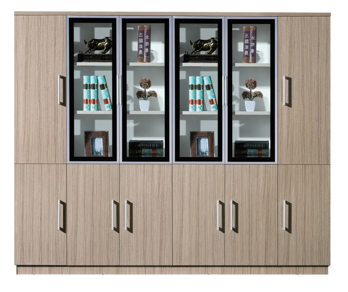 Wooden Cabinet with Transparent Doors and Shelves for Home Office