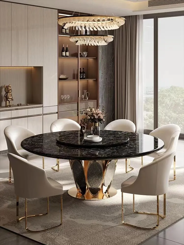 Natural stone round dining table and chair with turntable