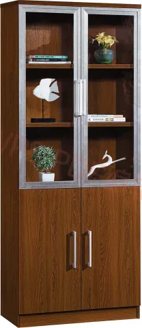 Modern Brown Wood Office Storage Cabinet with Clear View Doors and Locking Door