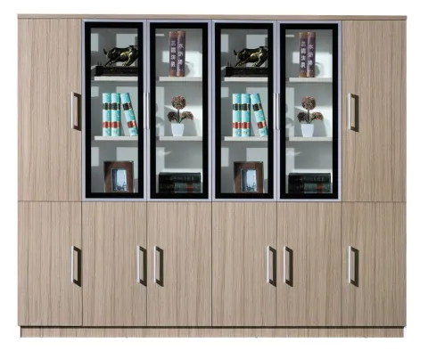Wooden Cabinet with Transparent Doors and Shelves for Home Office