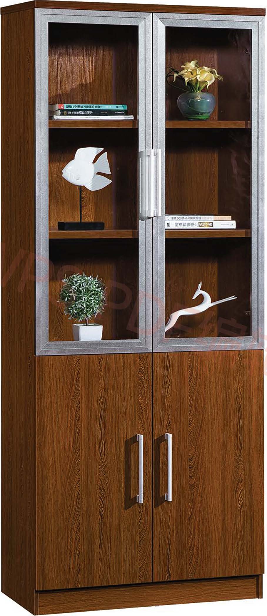 Modern Brown Wood Office Storage Cabinet with Clear View Doors and Locking Door