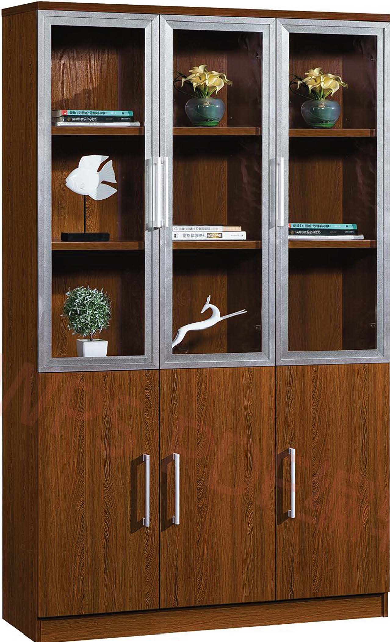 Modern Brown Wood Office Storage Cabinet with Clear View Doors and Locking Door