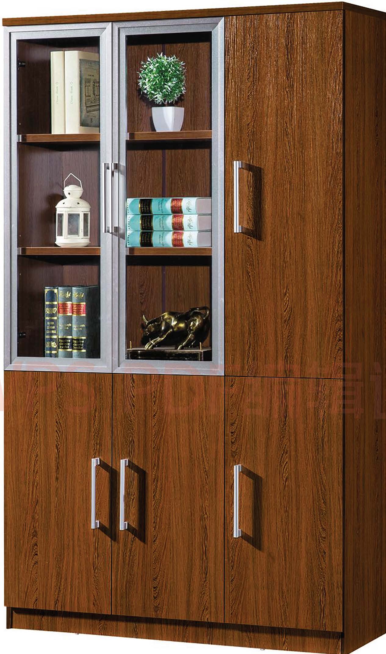 Modern Brown Wood Office Storage Cabinet with Clear View Doors and Locking Door