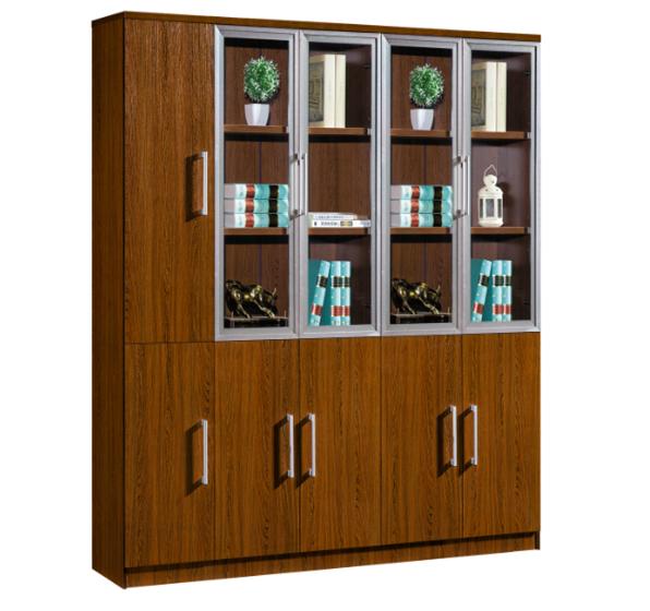 Modern Brown Wood Office Storage Cabinet with Clear View Doors and Locking Door