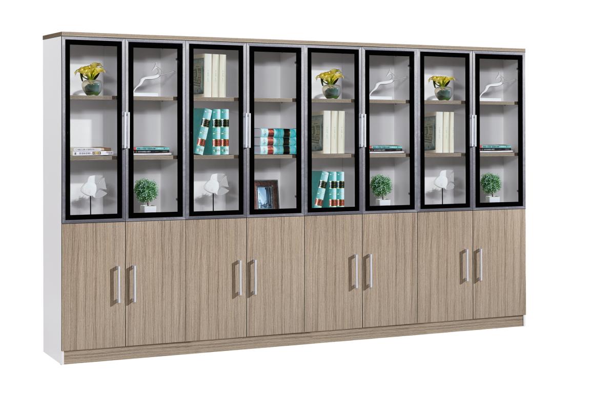 Wooden Cabinet with Transparent Doors and Shelves for Home Office